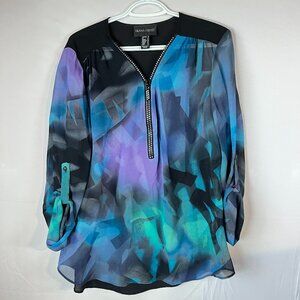 Frank Lyman Sheer Sleeve Blouse Luxe Abstract  Elevated & Chic Zip-Front S 10